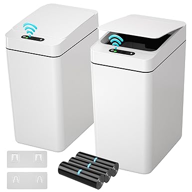 kaylowe Automatic Trash Can 2.6 Gallon Touchless Garbage Cans with Lid 2 Pack Small Slim Motion Sensor Smart Commercial Trash Bin for Bedroom, Bathroom, Office, Living Room, White